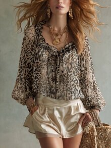SHEIN Elegant Commuter Minimalist Leopard Print Chiffon Ruffle Blouse Spring Summer Autumn Long Sleeve Versatile Shirt - Brown - View 6