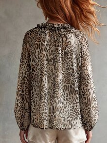 SHEIN Elegant Commuter Minimalist Leopard Print Chiffon Ruffle Blouse Spring Summer Autumn Long Sleeve Versatile Shirt - Brown - View 3