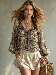 SHEIN Elegant Commuter Minimalist Leopard Print Chiffon Ruffle Blouse Spring Summer Autumn Long Sleeve Versatile Shirt - Brown - View 2