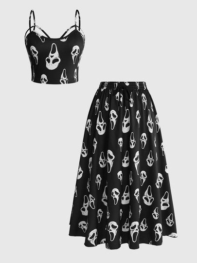 Vacation Style Gothic Botanical Print Plus Size Women's Camisole & Elastic Waist Skirt 2 Pieces Set