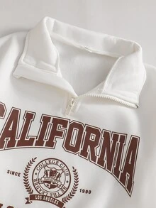 SHEIN 2pcs/Set Girls Vintage College Style Campus School Daily Outing Spring Autumn Half-Zip Lapel English Print Short Sweatshirt & Drapey Dark Brown Wide Leg Casual Long Pants Set - Brown - View 4