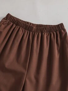 SHEIN 2pcs/Set Girls Vintage College Style Campus School Daily Outing Spring Autumn Half-Zip Lapel English Print Short Sweatshirt & Drapey Dark Brown Wide Leg Casual Long Pants Set - Brown - View 7
