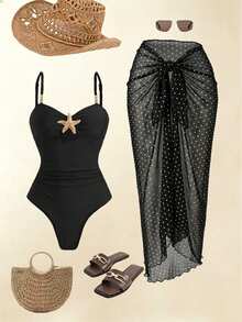 Swim Oasis 女款夏季海灘度假連身泳衣，前胸鏤空設計，海星裝飾，抓皺修身剪裁，附配套繫帶長裙 - 黑色 - 查看 1