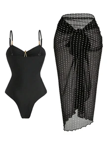 Swim Oasis 女款夏季海灘度假連身泳衣，前胸鏤空設計，海星裝飾，抓皺修身剪裁，附配套繫帶長裙 - 黑色 - 查看 2
