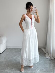 Selianne Women's Elegant Fashionable Commuter Casual Comfortable Charming Vintage Minimalist High-End Romantic Holiday Vacation Summer Home Daily Holiday Date Beach Sleeveless V-Neck Button Waist-Cinching Slim Fit A-Line Dress With Red Trim Lace Patchwork Hem - White - View 3