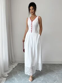 Selianne Women's Elegant Fashionable Commuter Casual Comfortable Charming Vintage Minimalist High-End Romantic Holiday Vacation Summer Home Daily Holiday Date Beach Sleeveless V-Neck Button Waist-Cinching Slim Fit A-Line Dress With Red Trim Lace Patchwork Hem - White - View 7