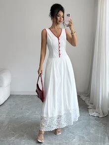 Selianne Women's Elegant Fashionable Commuter Casual Comfortable Charming Vintage Minimalist High-End Romantic Holiday Vacation Summer Home Daily Holiday Date Beach Sleeveless V-Neck Button Waist-Cinching Slim Fit A-Line Dress With Red Trim Lace Patchwork Hem - White - View 6