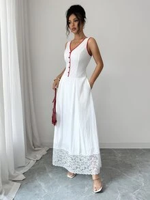 Selianne Women's Elegant Fashionable Commuter Casual Comfortable Charming Vintage Minimalist High-End Romantic Holiday Vacation Summer Home Daily Holiday Date Beach Sleeveless V-Neck Button Waist-Cinching Slim Fit A-Line Dress With Red Trim Lace Patchwork Hem - White - View 5