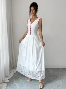 Selianne Women's Elegant Fashionable Commuter Casual Comfortable Charming Vintage Minimalist High-End Romantic Holiday Vacation Summer Home Daily Holiday Date Beach Sleeveless V-Neck Button Waist-Cinching Slim Fit A-Line Dress With Red Trim Lace Patchwork Hem - White - View 4