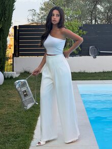 Ronhire 女士高腰褶皱收腰阔腿裤，派对、街头、哥特、学院风、优雅、聚会、办公室裤装，新年女士，跨年晚会服装，商务休闲，复古风，学院风，工作服，秋冬女士情人节服装 - 白色 - 查看 5