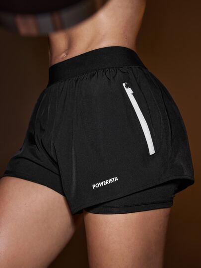 Powerista Zipper Pocket Double Layer Sports Shorts Black And White Fitness Running Workout Fashion Causal Breathable Quick Drying Gym Training Going Out