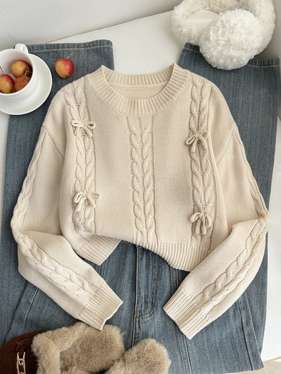 SHEIN New Fashion Versatile Cute Bow Pullover Sweater For Girls - Beige - View 1