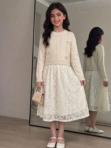 SHEIN New Fashion Versatile Cute Bow Pullover Sweater For Girls - Beige - View 4