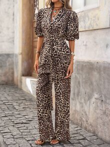 Brillora Leopard Textured Pattern Half Sleeve Batwing Suit For Women Casual Thigh Length Polyester - Black - View 3