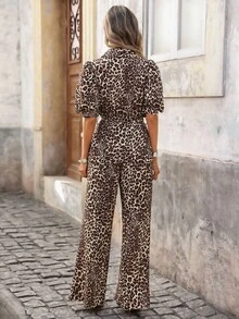 Brillora Leopard Textured Pattern Half Sleeve Batwing Suit For Women Casual Thigh Length Polyester - Black - View 2