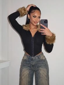 Amplova Y2K 性感街頭風 90s 80s 主題女款黑色毛領拼接色塊人造毛拼接短夾克，適合夜店外出、秋季萬聖節 - 黑色 - 查看 5