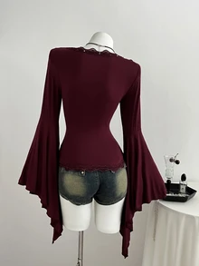 Elamini 女款蕾絲拼接百褶修身百搭休閒日常T恤 - 酒紅色 - 查看 2