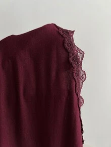 Elamini 女款蕾絲拼接百褶修身百搭休閒日常T恤 - 酒紅色 - 查看 7