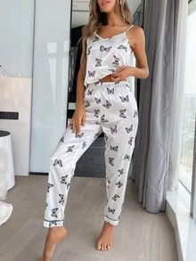 SHEIN Casual Underwear&Sleepwear 蝴蝶印花缎面睡衣套装 / 睡衣套装 - 白色 - 查看 4