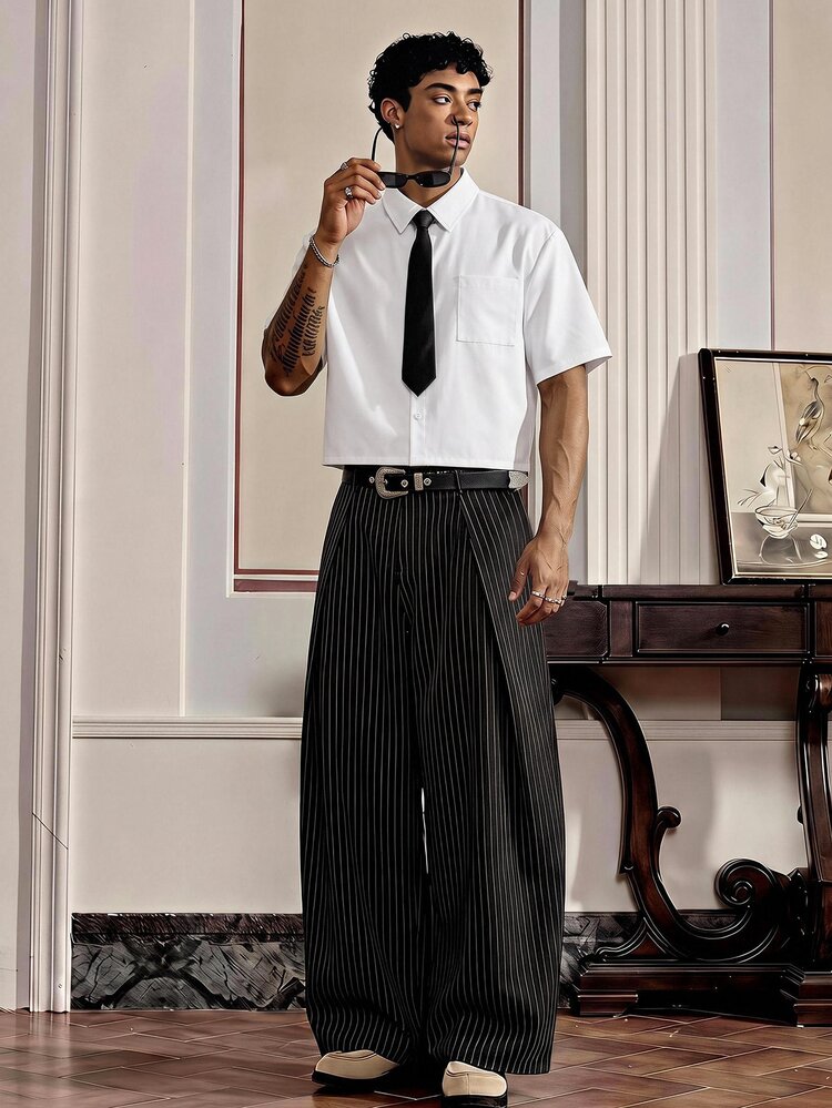 SWAVVY Men's Tie Decor Shirt Striped Pants Suit Set - Multicolor - View 1