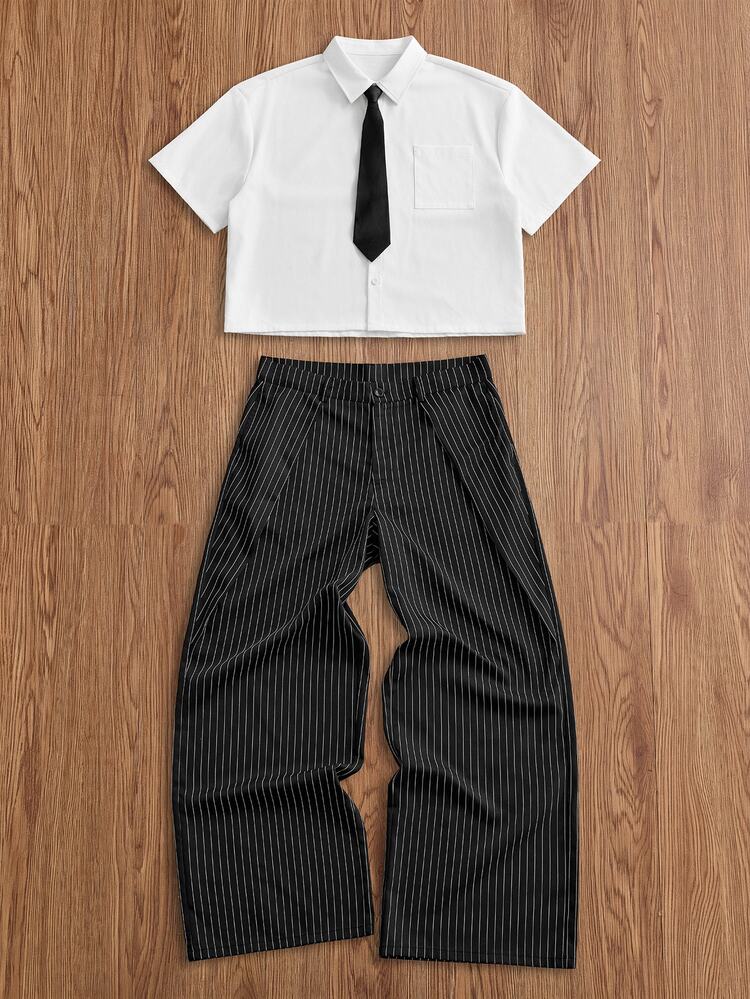 SWAVVY Men's Tie Decor Shirt Striped Pants Suit Set - Multicolor - View 5