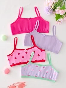 4件組女童可愛甜美簡約草莓檸檬水果印花休閒細肩帶內褲，冬季嬰兒粉 - 彩色 - 查看 4