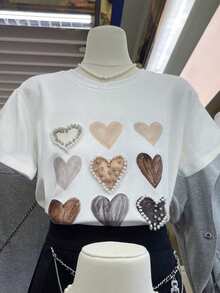 INAWLY Fashionable Versatile Heart Studded Rhinestone Decor Round Neck Loose T-Shirt, Y2K Style Short Sleeve Tee - White - View 1