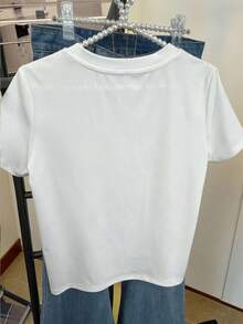 INAWLY Fashionable Versatile Heart Studded Rhinestone Decor Round Neck Loose T-Shirt, Y2K Style Short Sleeve Tee - White - View 2