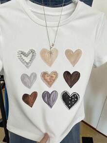 INAWLY Fashionable Versatile Heart Studded Rhinestone Decor Round Neck Loose T-Shirt, Y2K Style Short Sleeve Tee - White - View 4