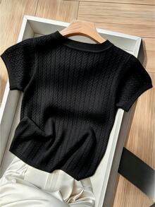 SHEIN Women's French Fall/Winter Going OutSolid Color Short Sleeve Knit Top - Black - View 3