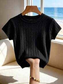 SHEIN Women's French Fall/Winter Going OutSolid Color Short Sleeve Knit Top - Black - View 4
