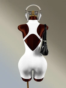 Amplova Sleeveless Fitted Backless Athletic Romper Gym Going Out Fitness Fashion Black Casual Going Out White Race Back Backless Front Zipper Daily Wear Gym - White - View 2