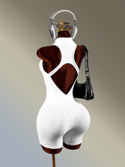Amplova Sleeveless Fitted Backless Athletic Romper Gym Going Out Fitness Fashion Black Causal Going Out White Race Back Backless Front Zipper Daily Wear Gym