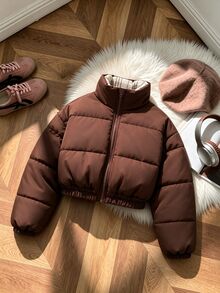 SHEIN Tween Girl Cotton Padded Coat, Fall, Winter - Brown - View 3