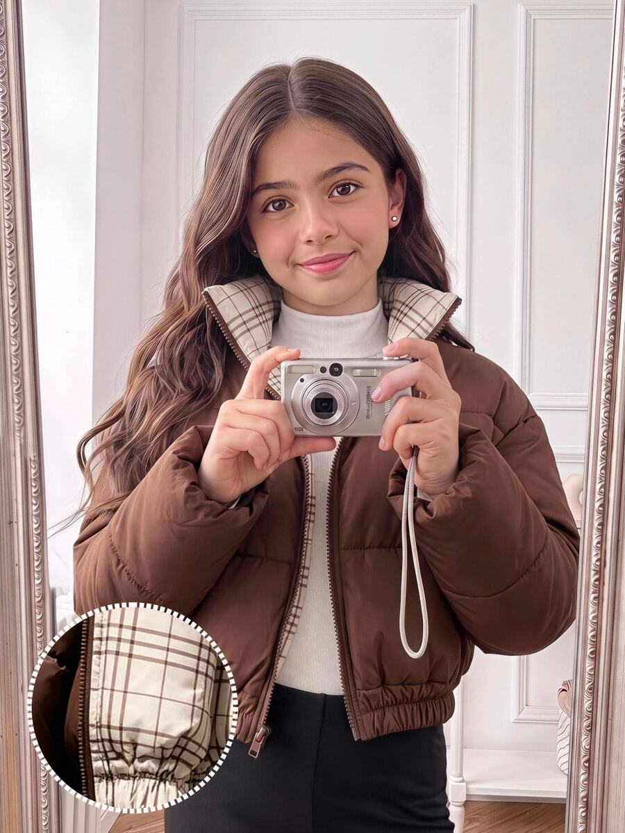 SHEIN Tween Girl Cotton Padded Coat, Fall, Winter - Brown - View 1