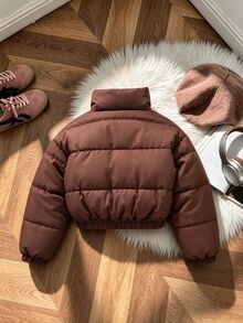 SHEIN Tween Girl Cotton Padded Coat, Fall, Winter - Brown - View 2