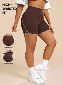 SHEIN Rhythm Era Plus Size Athletic Tight Shorts Blue & White Colorblock Curved Butt-Shaping Slimming Butt-Lifting Base Shorts - Coffee Brown - View 1