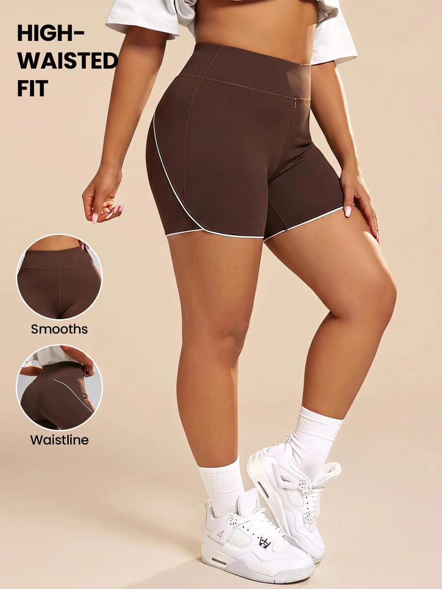 SHEIN Rhythm Era Plus Size Athletic Tight Shorts Blue & White Colorblock Curved Butt-Shaping Slimming Butt-Lifting Base Shorts - Coffee Brown - View 1