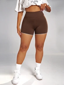 SHEIN Rhythm Era Plus Size Athletic Tight Shorts Blue & White Colorblock Curved Butt-Shaping Slimming Butt-Lifting Base Shorts - Coffee Brown - View 3