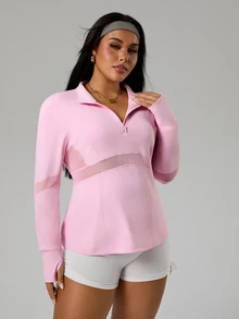 Rhythm Era Women's Solid Color Long Sleeve Half-Zip Front Sporty Sweatshirt - Pink - View 5