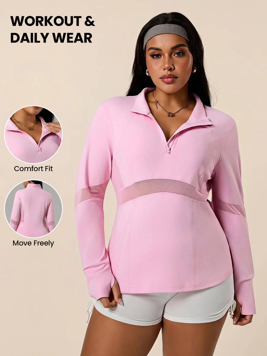 Rhythm Era Women's Solid Color Long Sleeve Half-Zip Front Sporty Sweatshirt - Pink - View 1