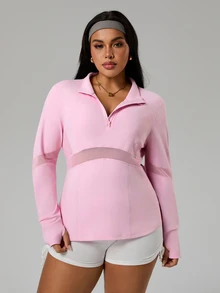Rhythm Era Women's Solid Color Long Sleeve Half-Zip Front Sporty Sweatshirt - Pink - View 3