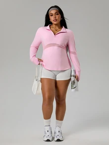 Rhythm Era Women's Solid Color Long Sleeve Half-Zip Front Sporty Sweatshirt - Pink - View 6