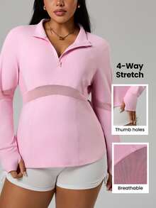 Rhythm Era Women's Solid Color Long Sleeve Half-Zip Front Sporty Sweatshirt - Pink - View 7