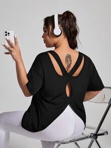 SHEIN Rhythm Era Camiseta de manga corta de unicolor y diseño sencillo para uso diario para mujer de talla grande, con abertura en la espalda media para gimnasio - Negro - Ver 6