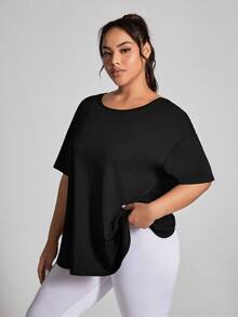 SHEIN Rhythm Era Camiseta de manga corta de unicolor y diseño sencillo para uso diario para mujer de talla grande, con abertura en la espalda media para gimnasio - Negro - Ver 4