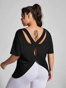 SHEIN Rhythm Era Camiseta de manga corta de unicolor y diseño sencillo para uso diario para mujer de talla grande, con abertura en la espalda media para gimnasio - Negro - Ver 7