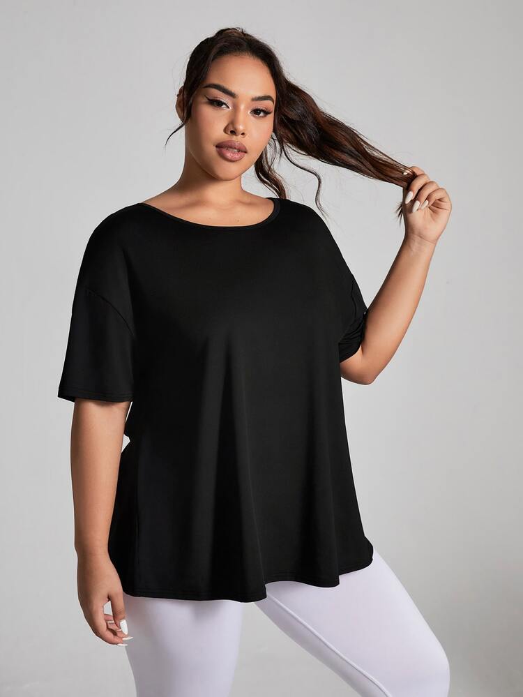 SHEIN Rhythm Era Camiseta de manga corta de unicolor y diseño sencillo para uso diario para mujer de talla grande, con abertura en la espalda media para gimnasio - Negro - Añade 5