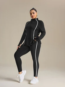 SHEIN Rhythm Era 女士大码休闲撞色边饰拉链夹克和紧身裤套装，适合秋季健身套装女士健身套装 - 黑色 - 查看 8