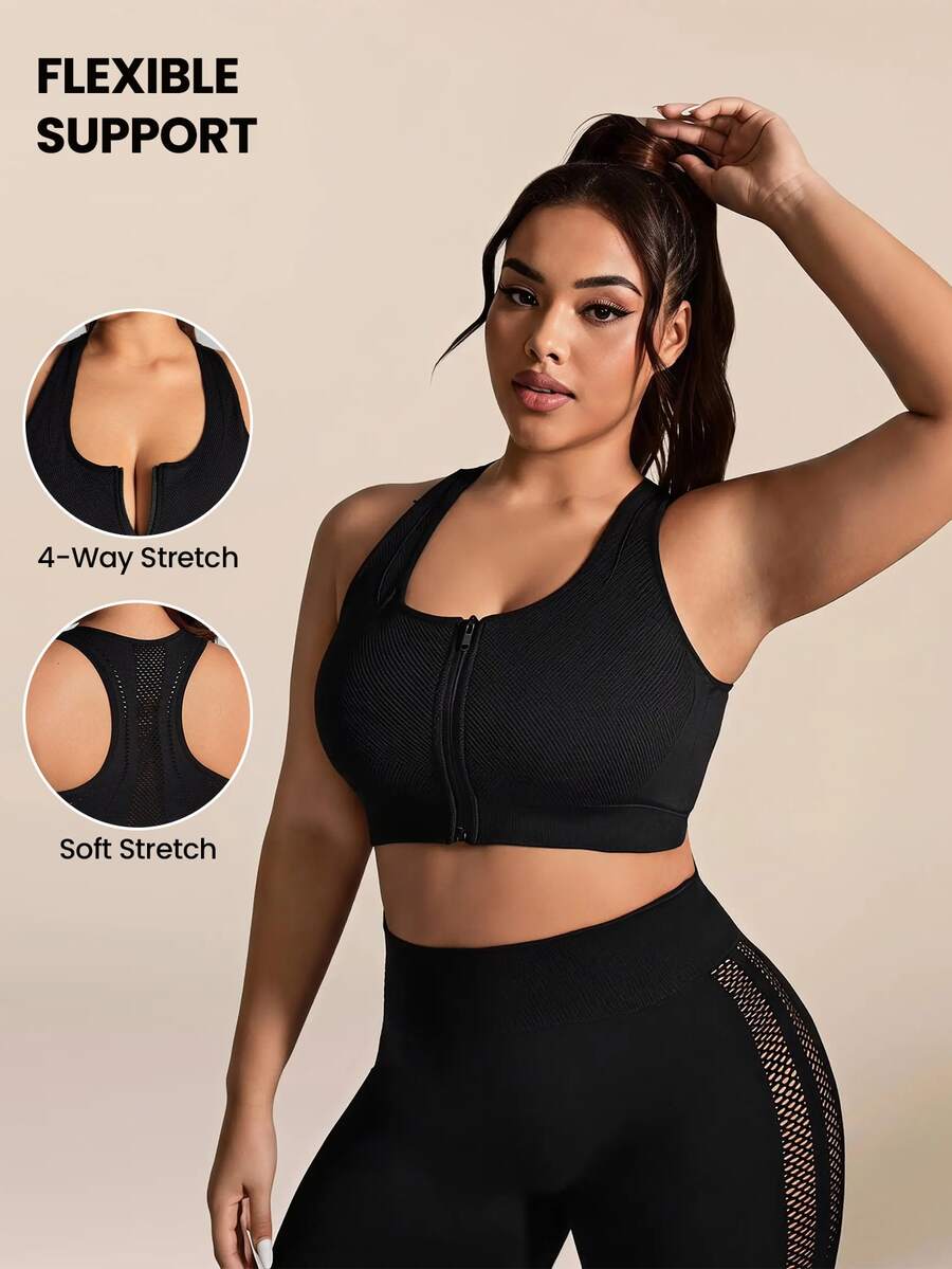 Rhythm Era Plus Size Solid Color Sleeveless Sports Bra - Black - View 1